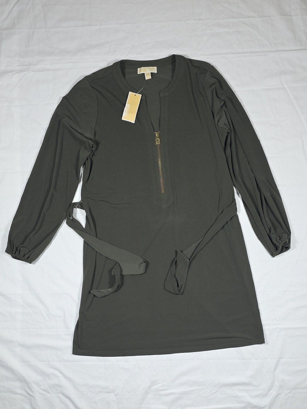 Michael Kors Olive Green Long-Sleeve Zip Belted Dress